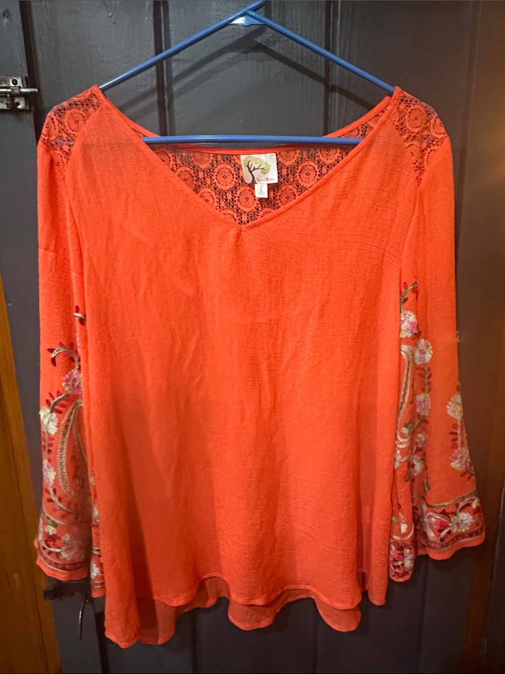 fig and flower Orange Embroidered Boho Tunic Top